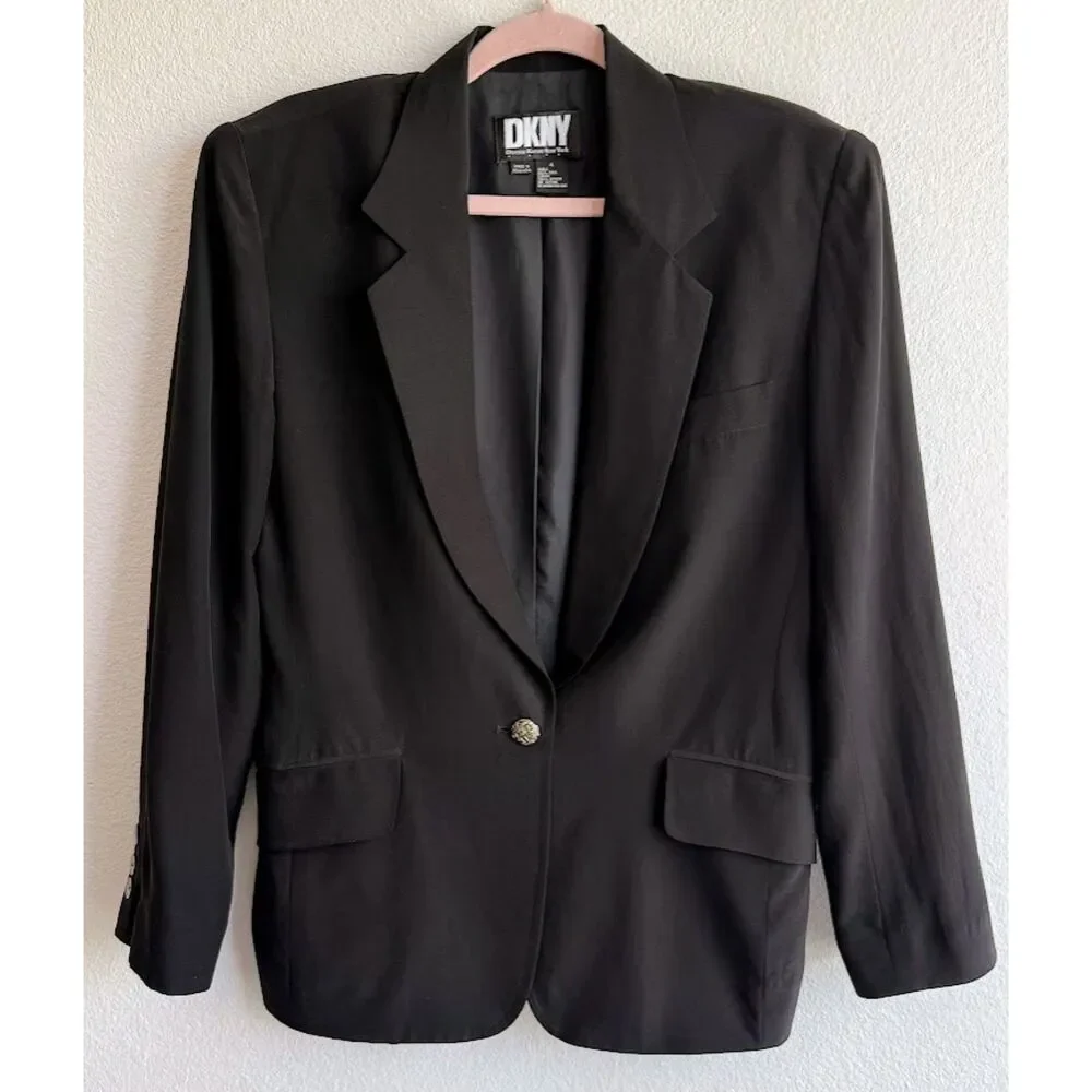 Vintage DKNY 100% Silk Notch Collar Blazer in Black with Gold Button size 4